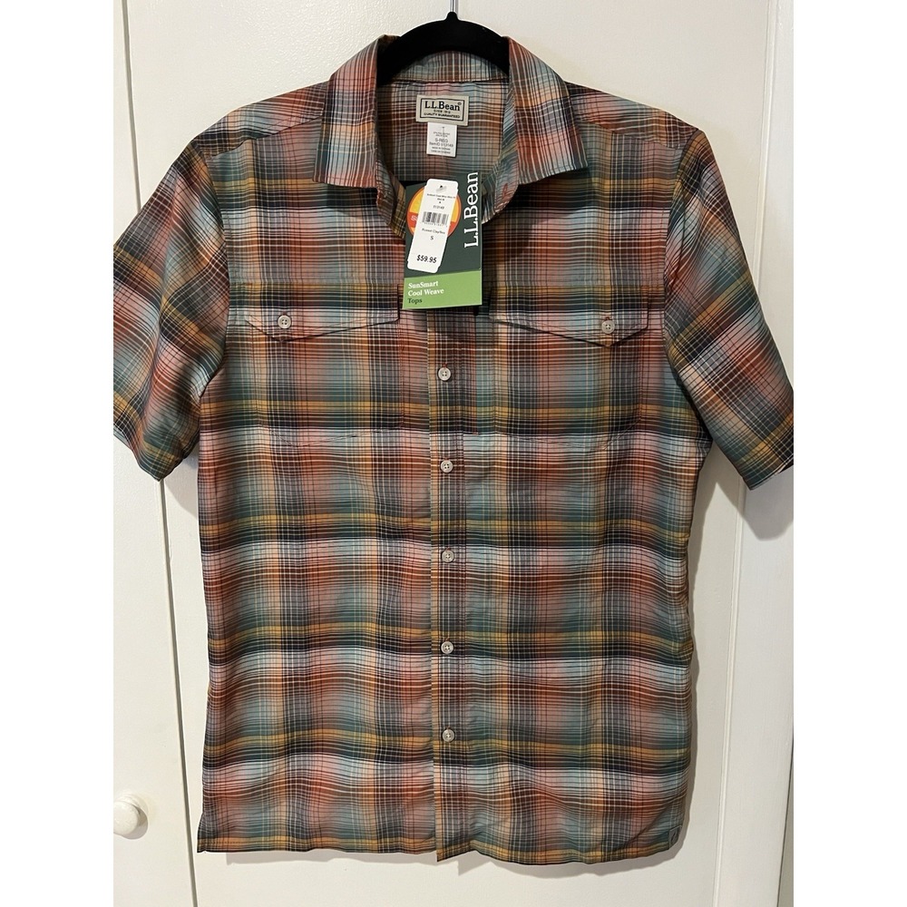 LL Bean‎ SunSmart Cool Weave Shirt Mens Small Multicolor Plaid UPF Hike Outdoor